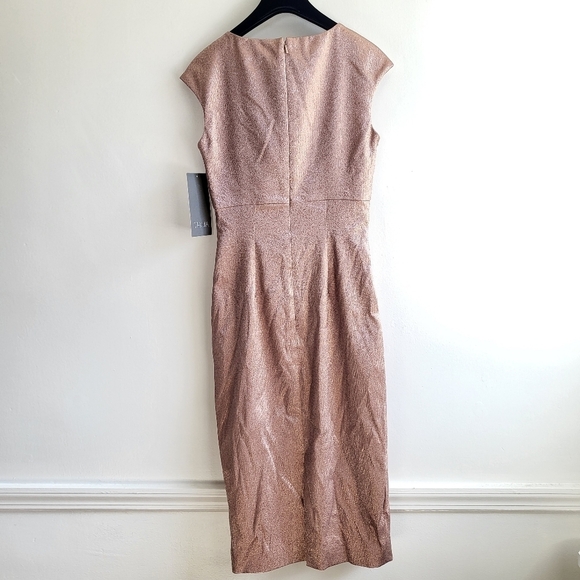 New Theia Cap-Sleeve Stretch Lamé Metallic Dusty Rose Cocktail Midi Dress NWT  2 - Picture 11 of 15
